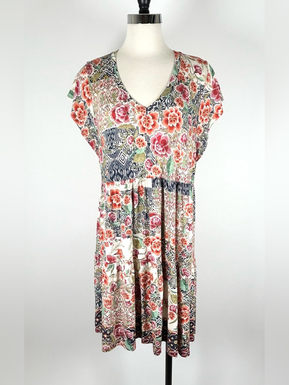 Johnny Was Aztec Flower Tiered Hem Dress Size Large Bamboo Patchwork Floral Boho